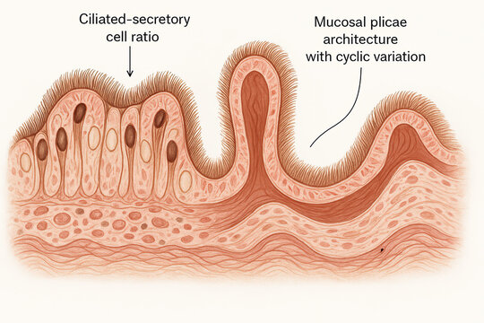 Histological illustration of nasal mucosa showing ciliated and secretory cells, and mucosal plicae with cyclic variation.