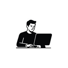 Man Using Computer, Isolated Design on White, Monochrome Flat Style