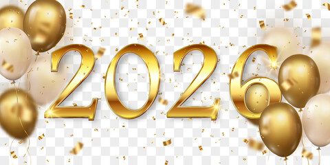 Vector festive 2026 New Year confetti and flying balloons png. Golden bright confetti falls. Vector celebration background with confetti and 3d helium balloons. Isolated on transparent background.