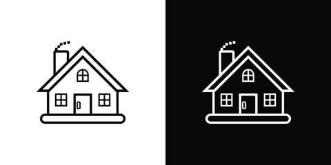 Minimal Outline Gabled House with Chimney and Windows on White/Black Background