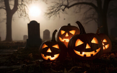 Misty Cemetery Halloween Scene with Glowing Jack-o’-Lantern Pumpkins and Gravestone Silhouette