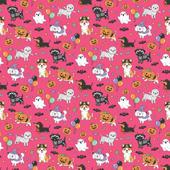 Happy halloween party seamless pattern background with cute puppy dog wearing halloween costume, scary pumpkin and smiling bat. Holidays cartoon character. -Vector