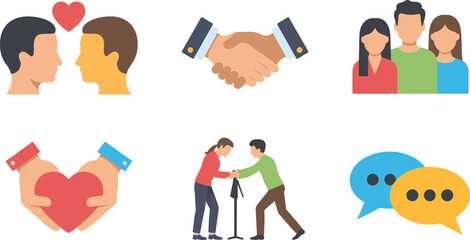 Vector art of collection of six icons representing relationships and support