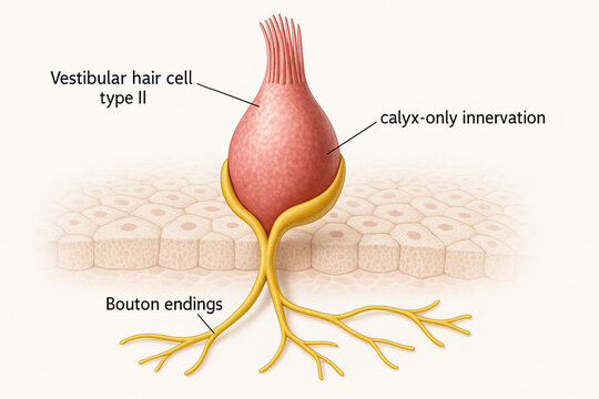 Anatomical illustration of a Type II vestibular hair cell with calyx-only innervation and bouton endings.