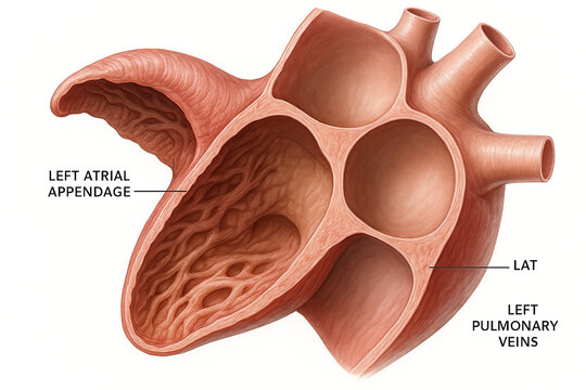 Anatomical illustration of the left atrium of the heart, highlighting the left atrial appendage and left pulmonary veins.