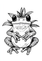 Artistic frog illustration detailed line art with leaf crown on white
