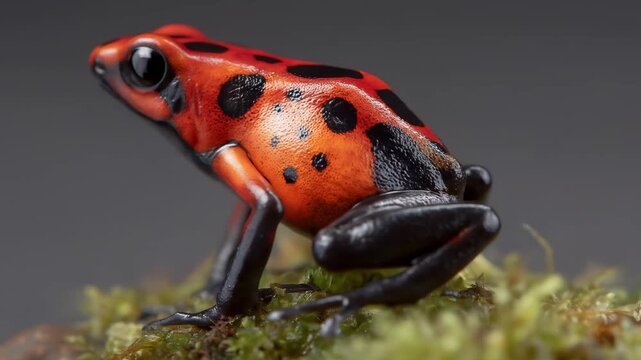 Close-Up Macro Journey: Vibrant Red Poison Dart Frog's Intricate Details on Green Moss