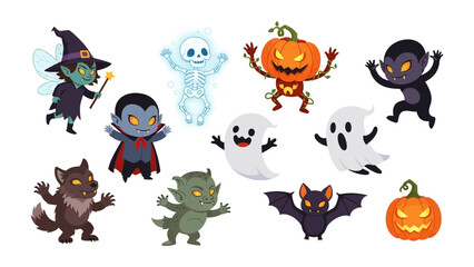 Halloween Characters Set: A charming ensemble of cartoonish Halloween characters, meticulously illustrated, ready to add a touch of spooky delight to your projects.