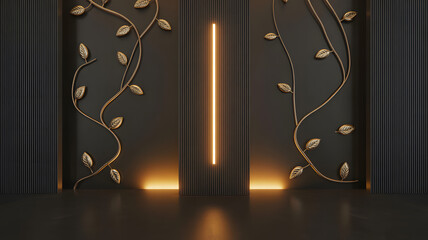 Elegant black wall with golden leaf vines and a central vertical neon light strip design element abstract wallpaper
