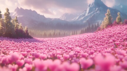 Vibrant pink flower field landscape with mountains and sunlight illustration