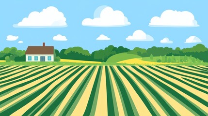 Cartoon farmland landscape with house fields trees and sky background