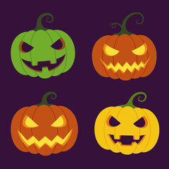A collection of four colorful cartoon jack-o'-lanterns with spooky carved faces for Halloween.