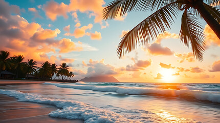 Tropical Beach Sunset with Palm Trees and Golden Sky