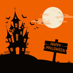A spooky haunted house silhouetted against an orange sky with a full moon, bats, and a Happy Halloween sign.