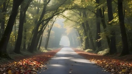 Obraz premium 秋の森の道 紅葉 太陽光 白い霧 風景