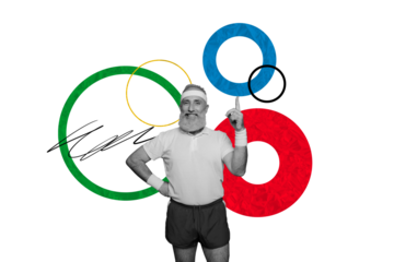 Collage 3d image of pinup pop retro sketch of funny old man point up sportsman olympic games sport event concept bizarre unusual billboard