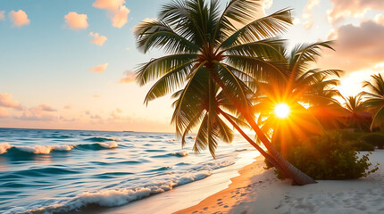 Tropical Beach Sunset with Palm Trees and Golden Sky