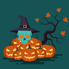 Spooky Halloween scene with a teal skull in a witch hat surrounded by glowing jack-o'-lanterns and an autumn tree.