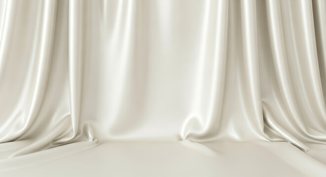 Elegant flowing ivory fabric draped elegantly creating a luxurious backdrop with soft shadows and highlights