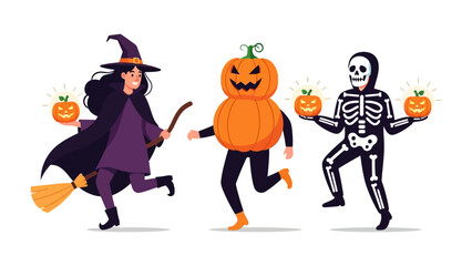 Halloween Fun: Three cheerful figures in Halloween costumes - a witch, a pumpkin person, and a skeleton - are captured in a lively illustration, each holding a glowing jack-o'-lantern.