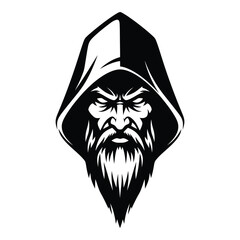 Mysterious hooded figure with fierce beard and intense eyes emblem for gaming and fantasy designs silhouette