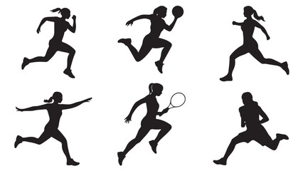 Set of female athlete silhouettes running and playing sports vector illustration for fitness and active lifestyle concepts