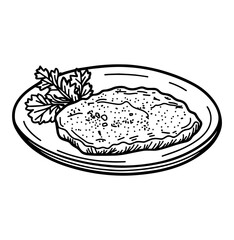 Schnitzel on Plate Sketch – Hand-Drawn Black and White Food Illustration. Detailed Schnitzel Drawing, Black and White Culinary Sketch.