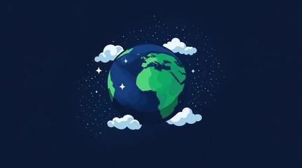 Stylized earth globe surrounded by clouds and stars on dark background