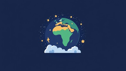Earth globe illustration with stars and clouds on dark blue background