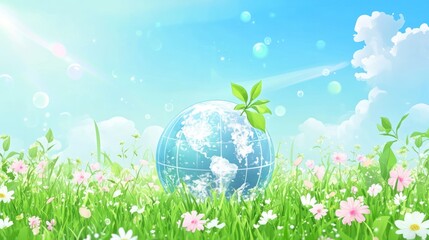 Globe and green leaf in a field of flowers with blue sky and sunlight