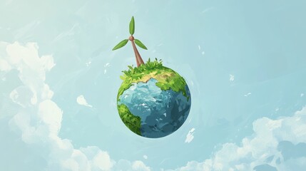 Illustration of planet earth with wind turbine symbolizing sustainable energy