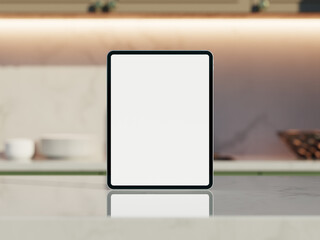 Tablet screen mockup with contemporary design placed on a sleek kitchen counter.