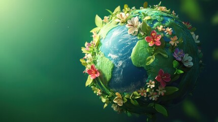 Earth globe adorned with flowers and foliage against a green backdrop