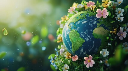 Earth surrounded by flowers symbol of nature environment and global wellbeing