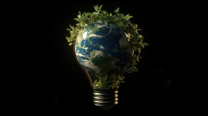 Conceptual image of planet earth in a light bulb with leaves