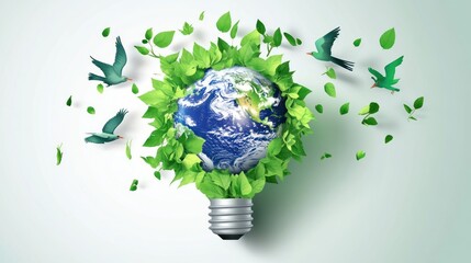 Eco friendly concept earth as a light bulb with leaves and birds