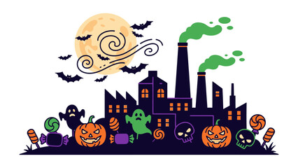 Spooky Factory: A whimsical illustration of a factory scene with a spooky twist. This fun image features a moon, bats, pumpkins, ghosts, candy and the spooky factory itself.