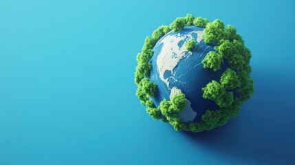 Planet earth surrounded by green trees on blue background environmental concept