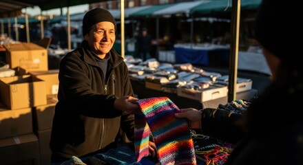 Friendly Male Vendor Sells Colorful Woven Textile at Sunny Outdoor Market Stall.
