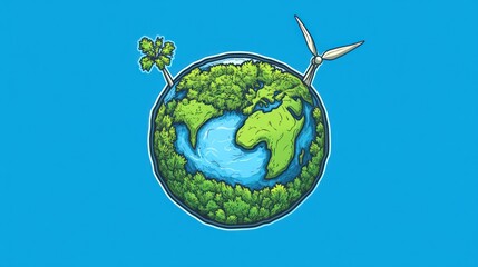 Earth with trees wind turbines and water isolated on blue background