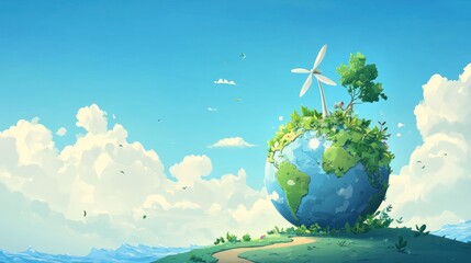 Environmentally friendly earth globe with wind turbine and greenery under blue sky