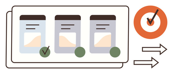 Three documents with status icons and checkmarks alongside progress arrows and confirmation circle. Ideal for workflow, organization, approval process, task tracking, project management, compliance