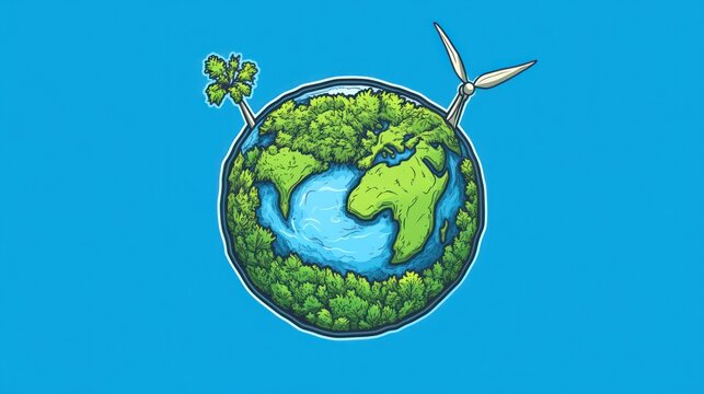 Earth with trees wind turbines and water isolated on blue background - Powered by Adobe