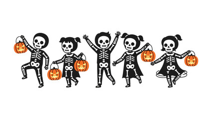 Halloween Fun: A collection of children in skeleton costumes playfully posing, each holding a glowing jack-o'-lantern, embody the spirit of Halloween night.