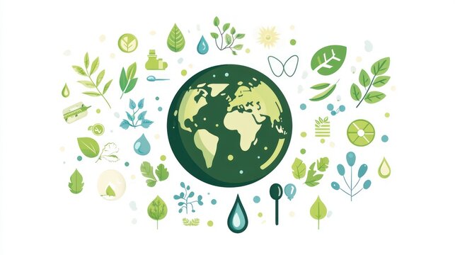 Earth surrounded by green leaves and water drops eco friendly concept