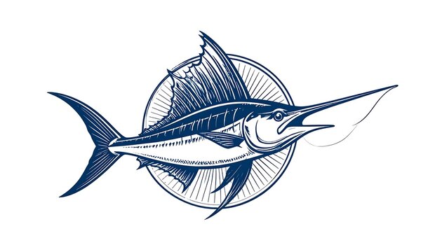 A detailed illustration of a marlin bursting from a circular design. The fish is depicted in profile with intricate shading, capturing the shape
