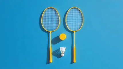 青のバドミントンラケットとシャトルコック