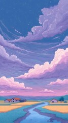 穏やかな紫の雲と田園風景のデジタルアート