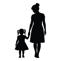 Silhouette of mother and daughter walking hand in hand together forever bond of love and family togetherness silhouette