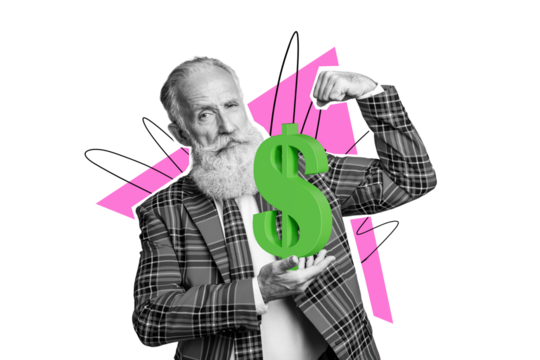 Creative collage picture elder man retired grandfather money dollar sign economy finance show power strength drawing background
